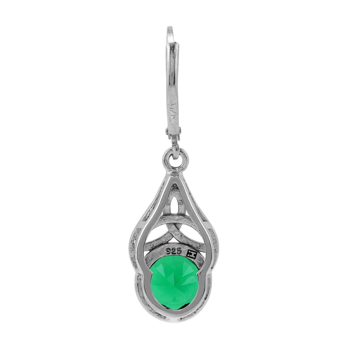 8MM Created Round Shape Nano Green Emerald White Gold Plated 925 Sterling Silver Triquetra Celtic Knot Leverback Dangle Earrings