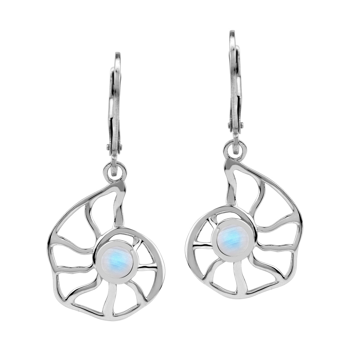 4MM Natural Rainbow Moonstone White Gold Plated 925 Sterling Silver Scroll Filigree Nautilus Spiral Shell Sealife Leverback Dangle Earrings