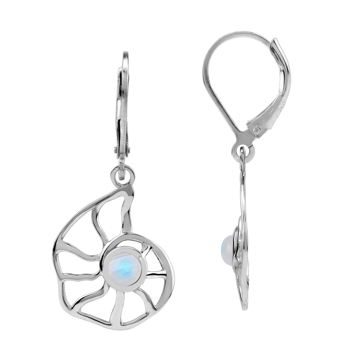 4MM Natural Rainbow Moonstone White Gold Plated 925 Sterling Silver Scroll Filigree Nautilus Spiral Shell Sealife Leverback Dangle Earrings