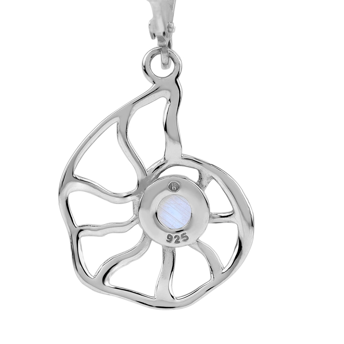 4MM Natural Rainbow Moonstone White Gold Plated 925 Sterling Silver Scroll Filigree Nautilus Spiral Shell Sealife Leverback Dangle Earrings