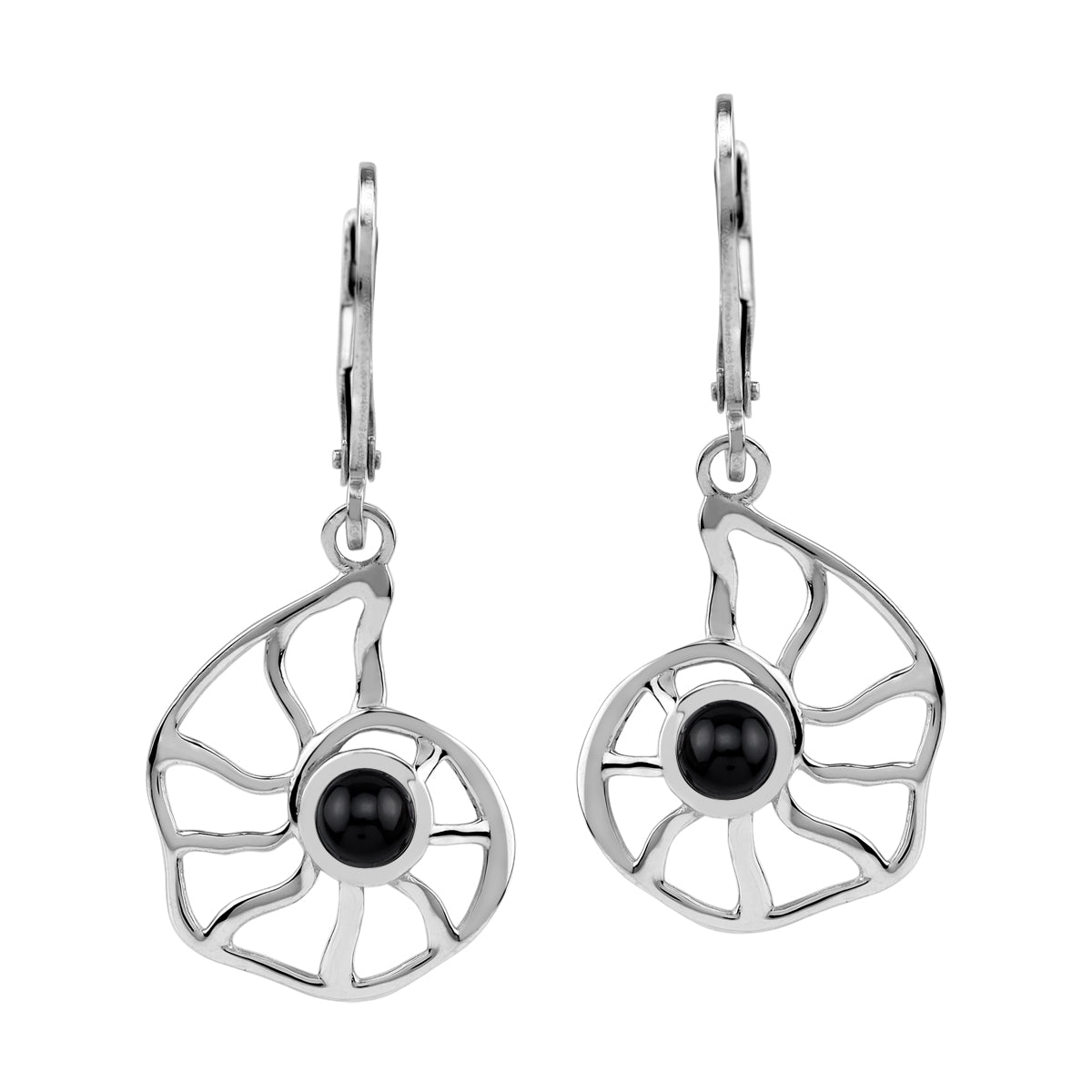 4MM Natural Black Onyx White Gold Plated 925 Sterling Silver Scroll / Filigree Nautilus Spiral Shell Sealife Leverback Dangle Gemstone Earrings