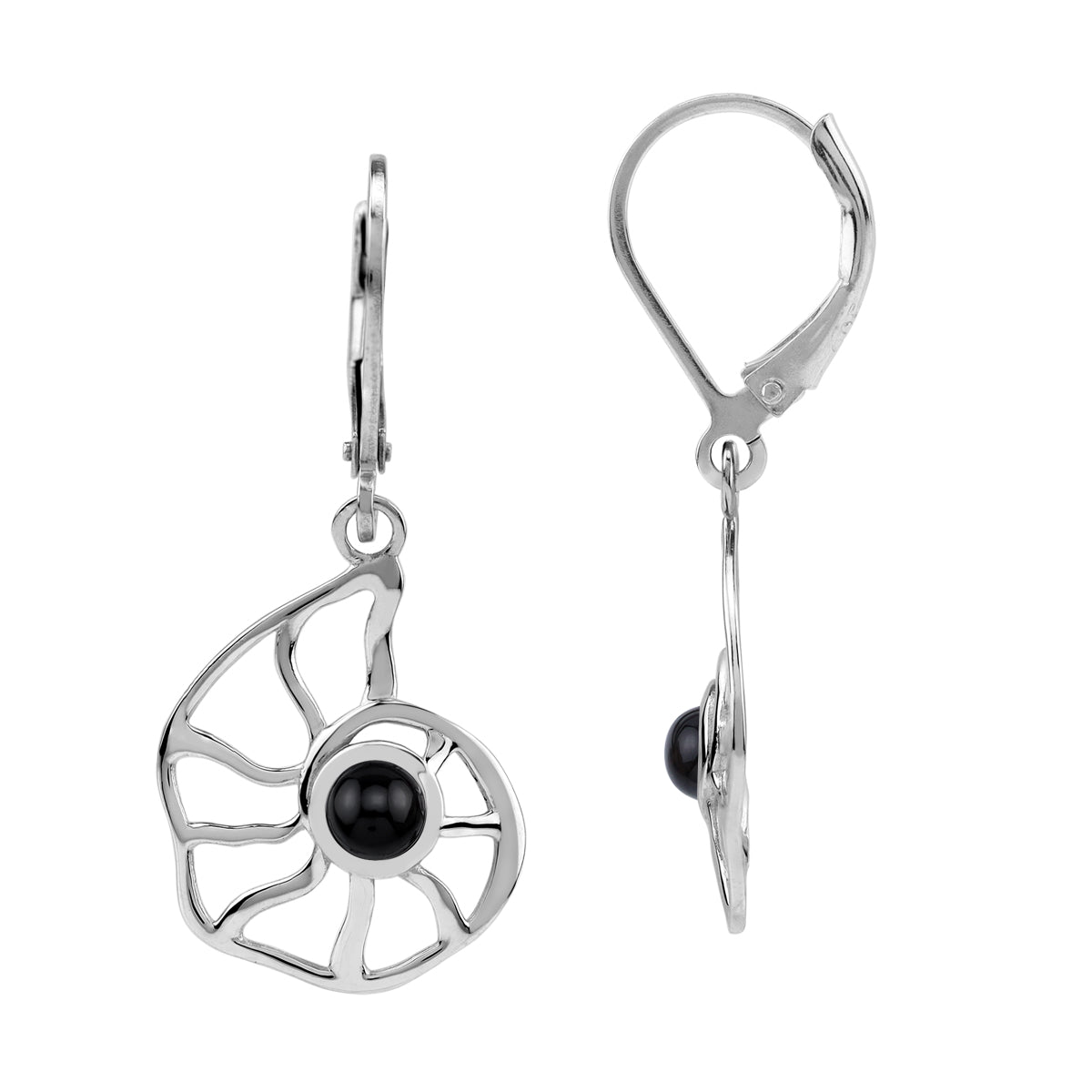 4MM Natural Black Onyx White Gold Plated 925 Sterling Silver Scroll / Filigree Nautilus Spiral Shell Sealife Leverback Dangle Gemstone Earrings