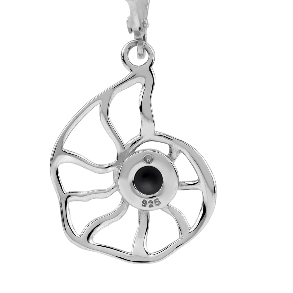 4MM Natural Black Onyx White Gold Plated 925 Sterling Silver Scroll / Filigree Nautilus Spiral Shell Sealife Leverback Dangle Gemstone Earrings