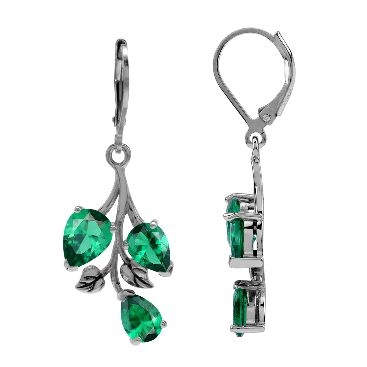Created Pear Shape Nano Green Emerald 925 Sterling Silver Leaf Vintage Inspired Leverback Dangle Earrings May Gemstone Birthstone Jewelry for Women - Silvershake-store