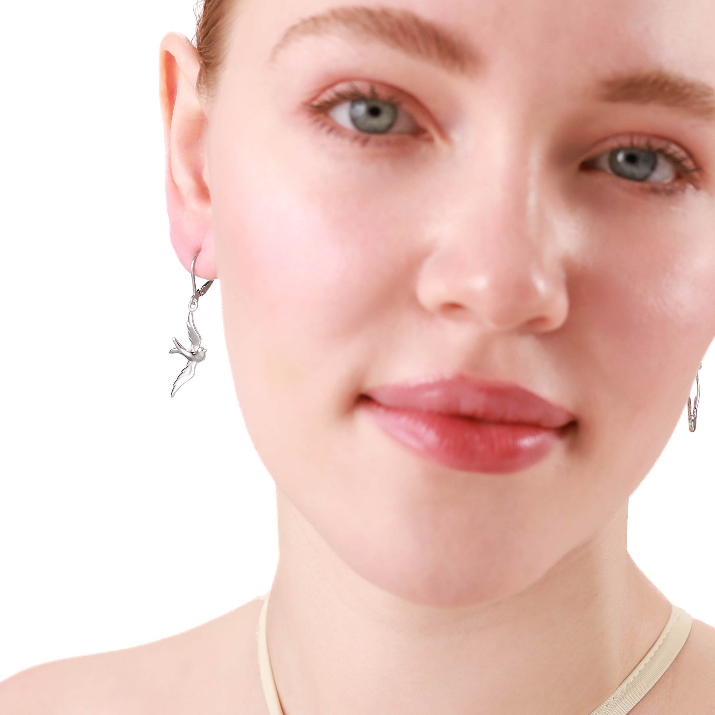 White Gold Plated 925 Sterling Silver Flying Bird Casual Leverback Dangle Earrings