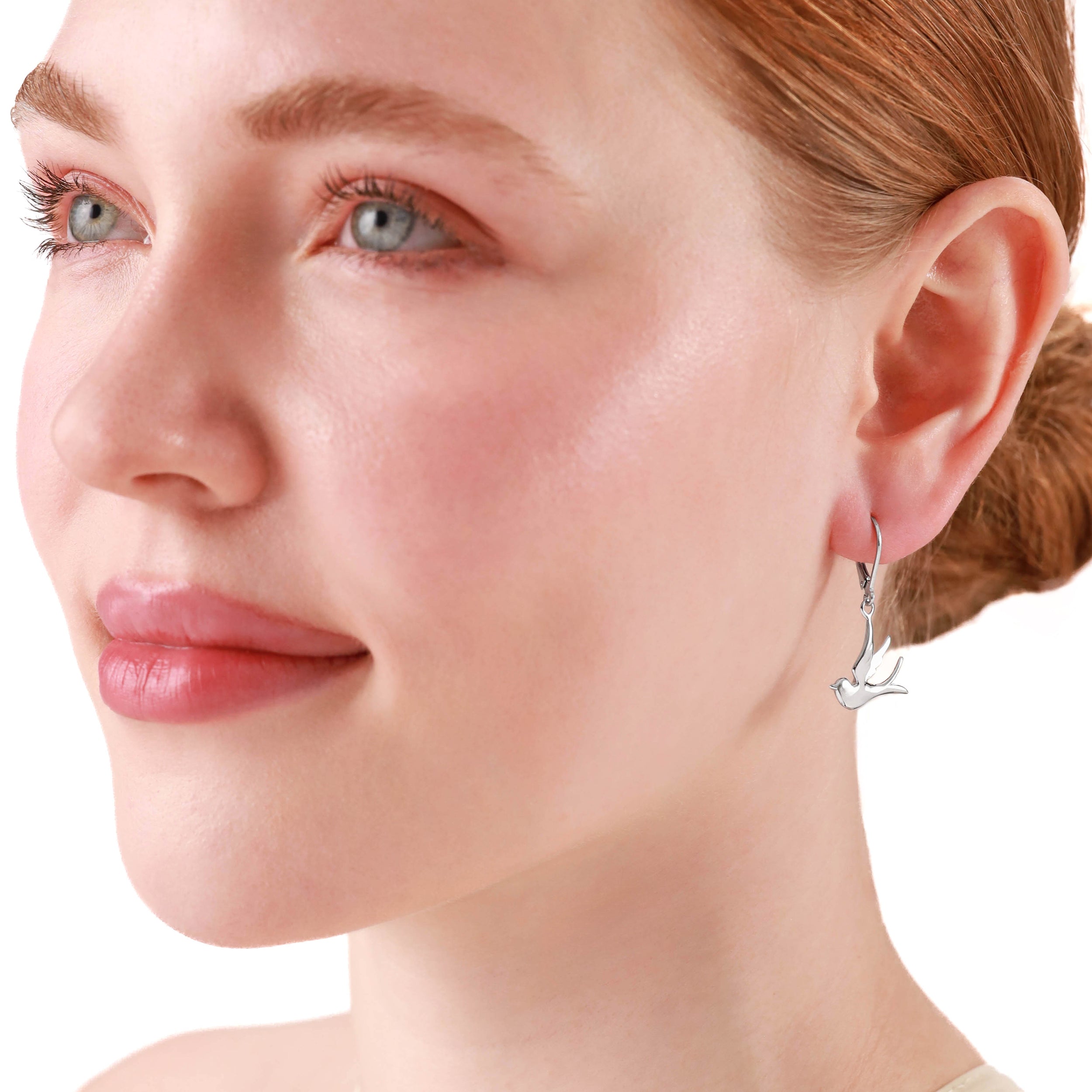 White Gold Plated 925 Sterling Silver Flying Bird Casual Leverback Dangle Earrings