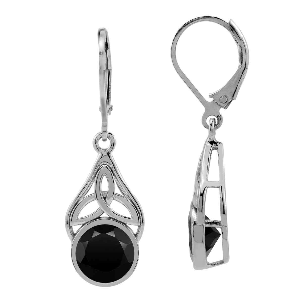 3.2 CTW 8MM Natural Round Shape Black Onyx White Gold Plated 925 Sterling Silver Triquetra Celtic Knot Leverback Dangle Gemstone Earrings