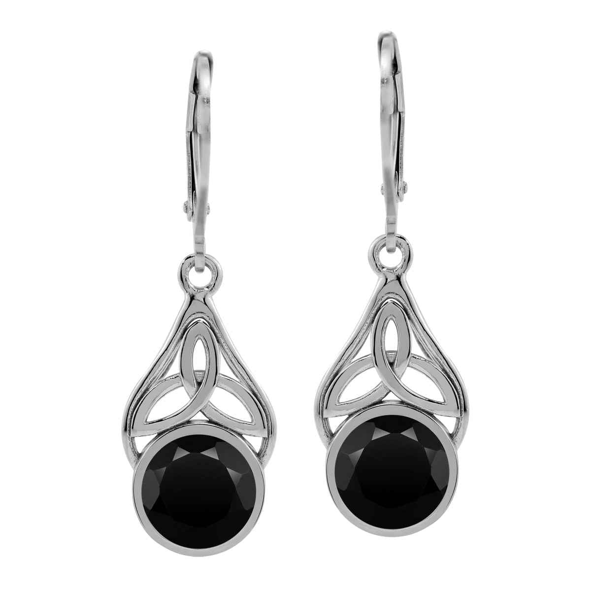 3.2 CTW 8MM Natural Round Shape Black Onyx White Gold Plated 925 Sterling Silver Triquetra Celtic Knot Leverback Dangle Gemstone Earrings