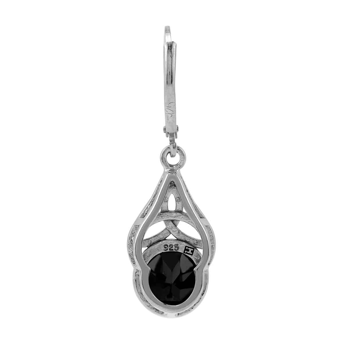 3.2 CTW 8MM Natural Round Shape Black Onyx White Gold Plated 925 Sterling Silver Triquetra Celtic Knot Leverback Dangle Gemstone Earrings