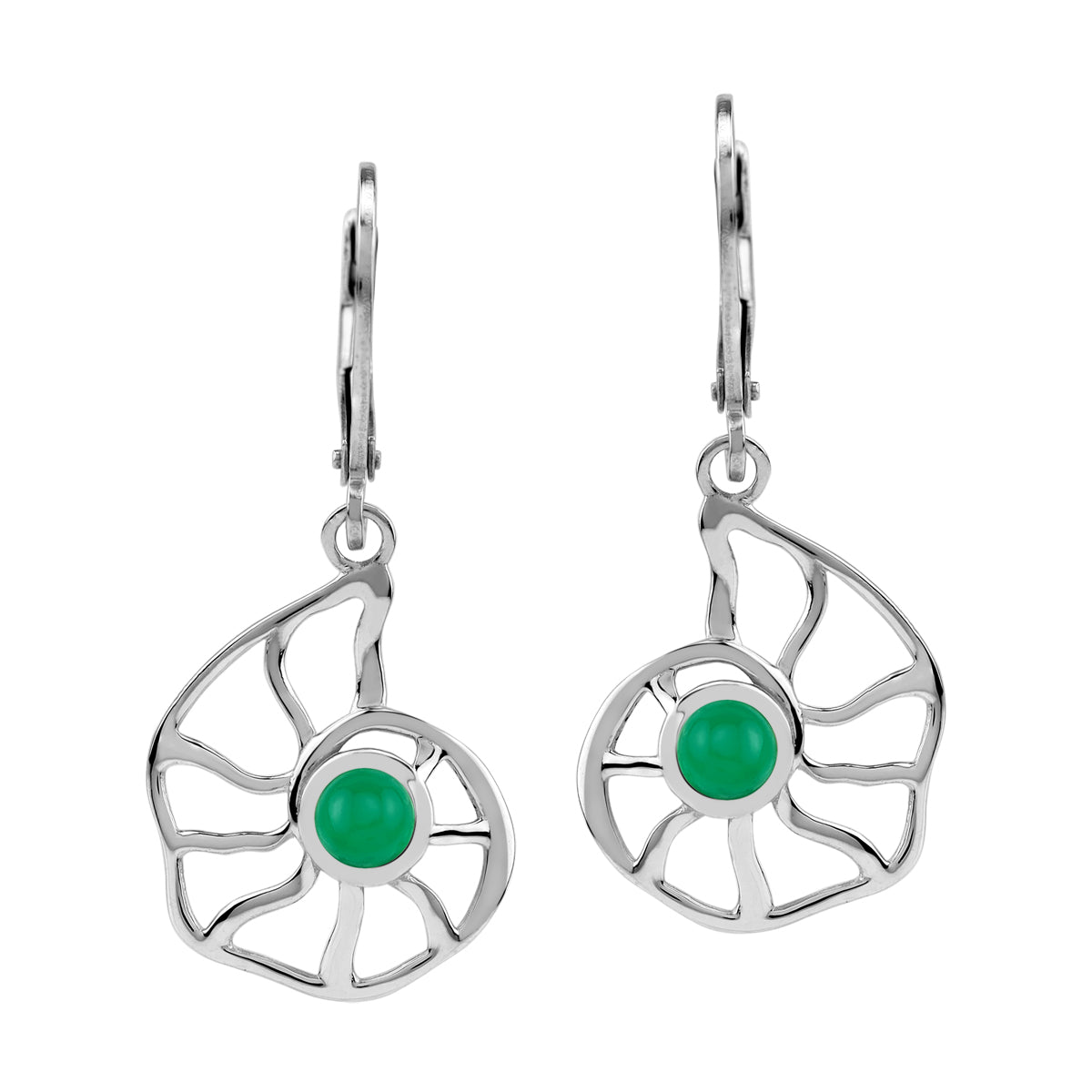 4MM Genuine Emerald Green Onyx White Gold Plated 925 Sterling Silver Filigree Nautilus Spiral Shell Sealife Leverback Dangle Earrings