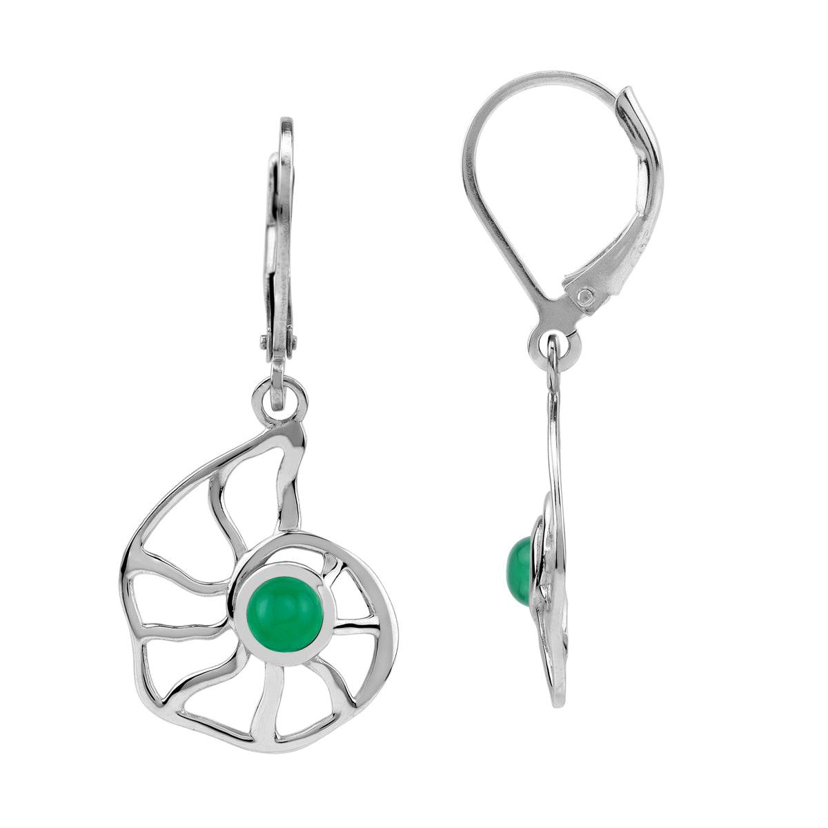 4MM Genuine Emerald Green Onyx White Gold Plated 925 Sterling Silver Filigree Nautilus Spiral Shell Sealife Leverback Dangle Earrings