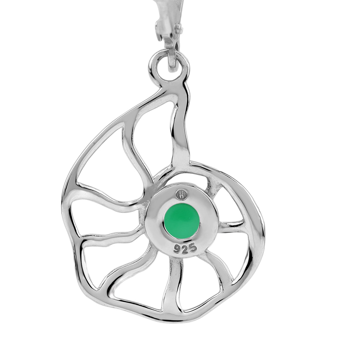 4MM Genuine Emerald Green Onyx White Gold Plated 925 Sterling Silver Filigree Nautilus Spiral Shell Sealife Leverback Dangle Earrings