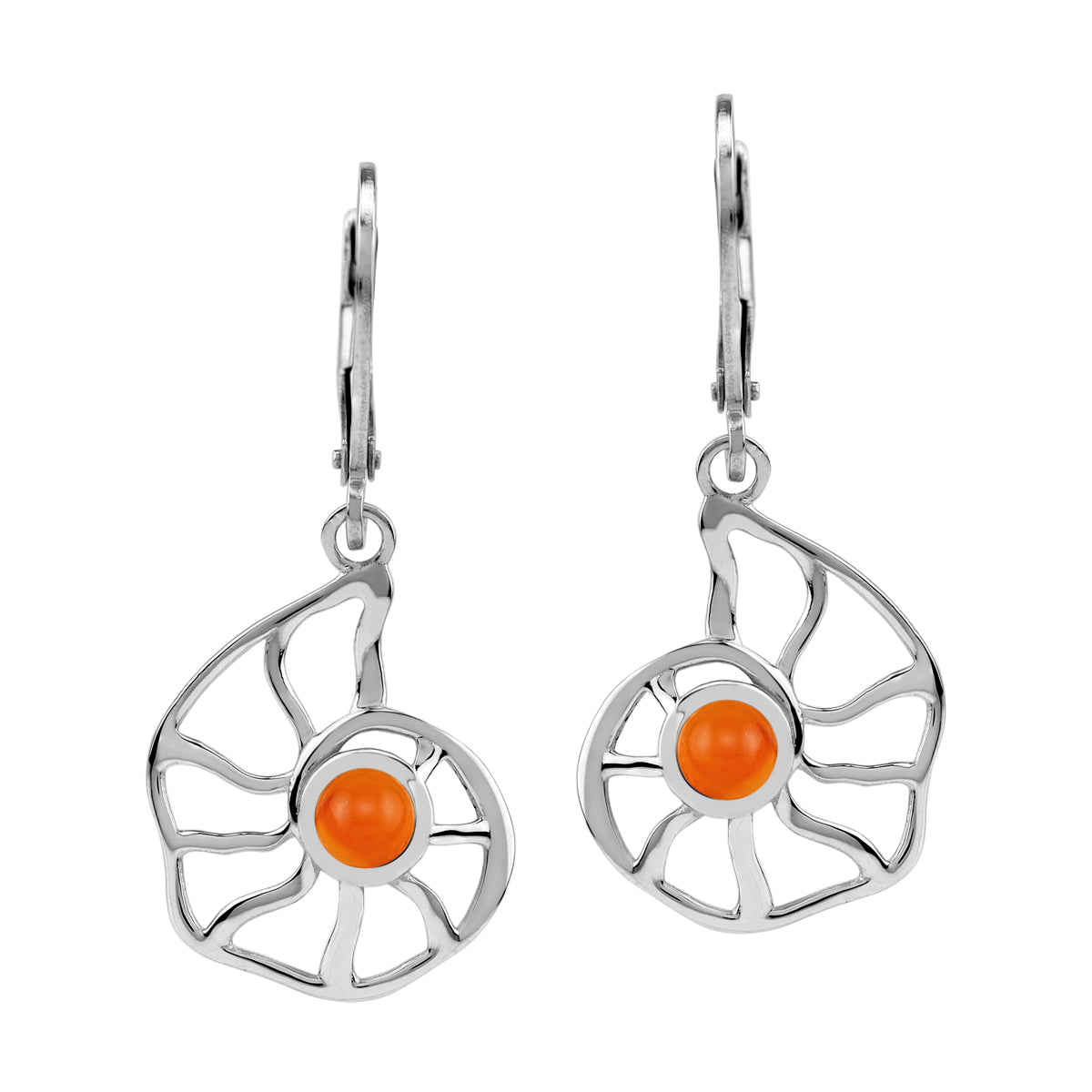 4MM Genuine Orange Carnelian White Gold Plated 925 Sterling Silver Filigree Nautilus Spiral Shell Sealife Leverback Dangle Earrings