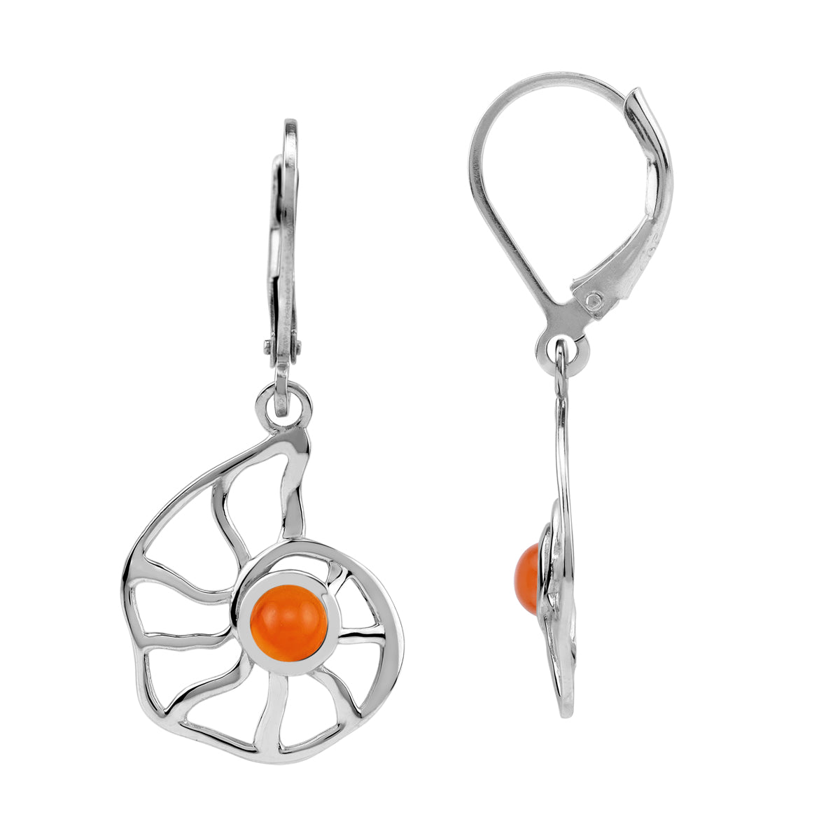 4MM Genuine Orange Carnelian White Gold Plated 925 Sterling Silver Filigree Nautilus Spiral Shell Sealife Leverback Dangle Earrings