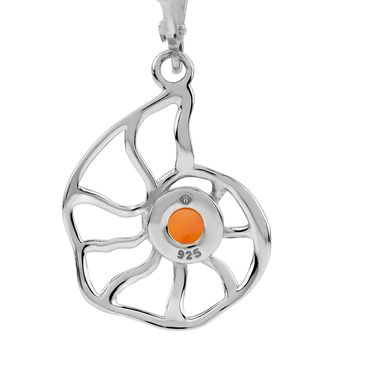4MM Genuine Orange Carnelian White Gold Plated 925 Sterling Silver Filigree Nautilus Spiral Shell Sealife Leverback Dangle Earrings