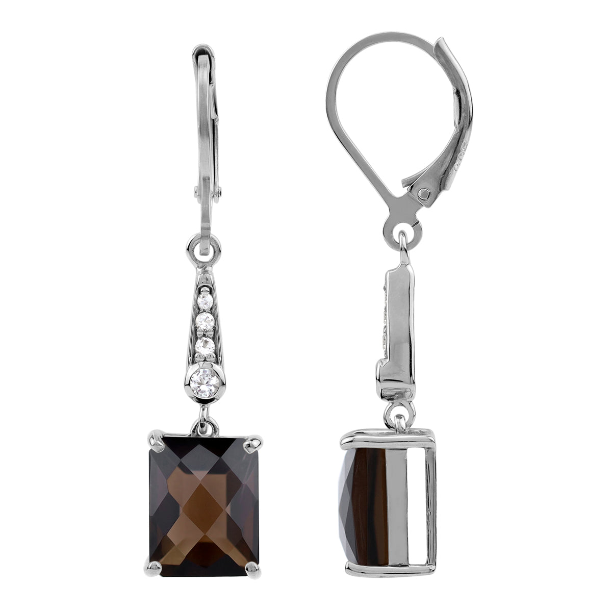 6.02 CTW 10X8mm Natural Octagon Shape Smoky Quartz and White Topaz 925 Sterling Silver Leverback Dangle Gemstone Earrings