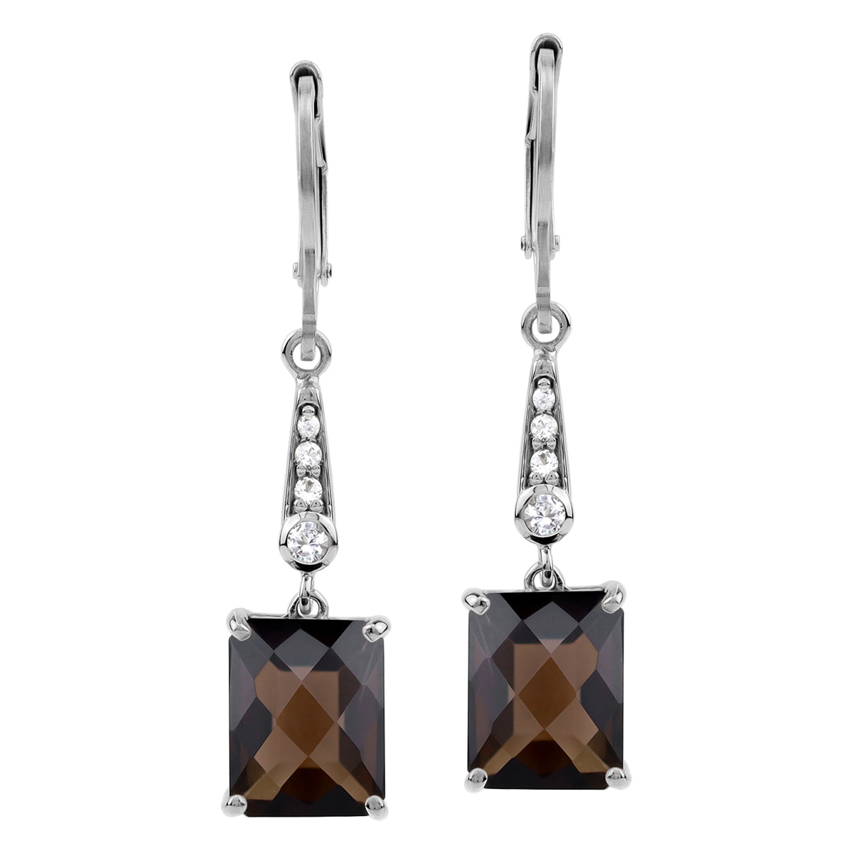 6.02 CTW 10X8mm Natural Octagon Shape Smoky Quartz and White Topaz 925 Sterling Silver Leverback Dangle Gemstone Earrings