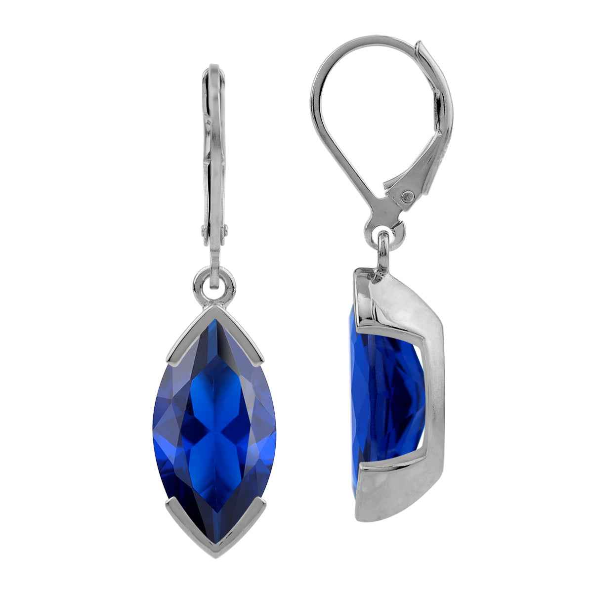 16X8mm Created Marquise Shape Blue Sapphire White Gold Plated 925 Sterling Silver Drop Dangle Leverback Earrings