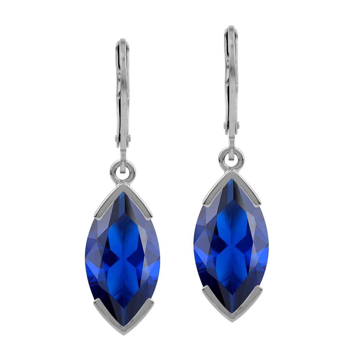 16X8mm Created Marquise Shape Blue Sapphire White Gold Plated 925 Sterling Silver Drop Dangle Leverback Earrings
