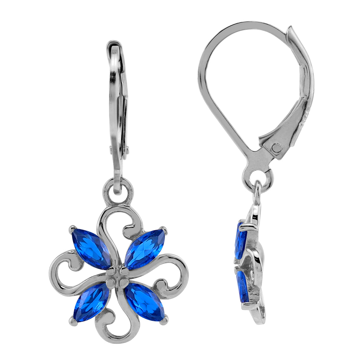 Created Marquise Shape Blue Sapphire White Gold Plated 925 Sterling Silver Flower Victorian Style Leverback Dangle Earrings September Gemstone Birthstone Jewelry for Women - Silvershake-store