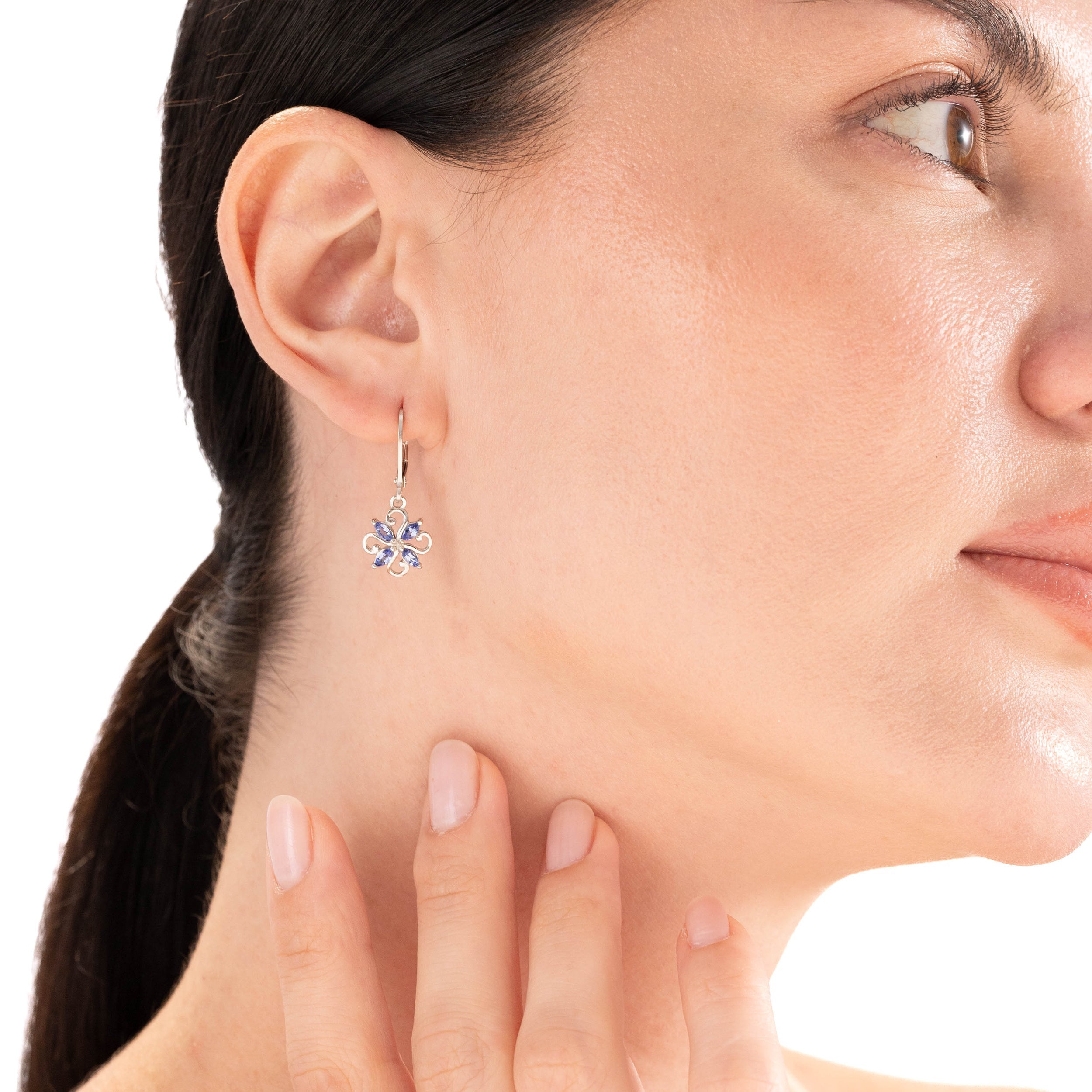 Created Marquise Shape Blue Sapphire White Gold Plated 925 Sterling Silver Flower Victorian Style Leverback Dangle Earrings September Gemstone Birthstone Jewelry for Women - Silvershake-store