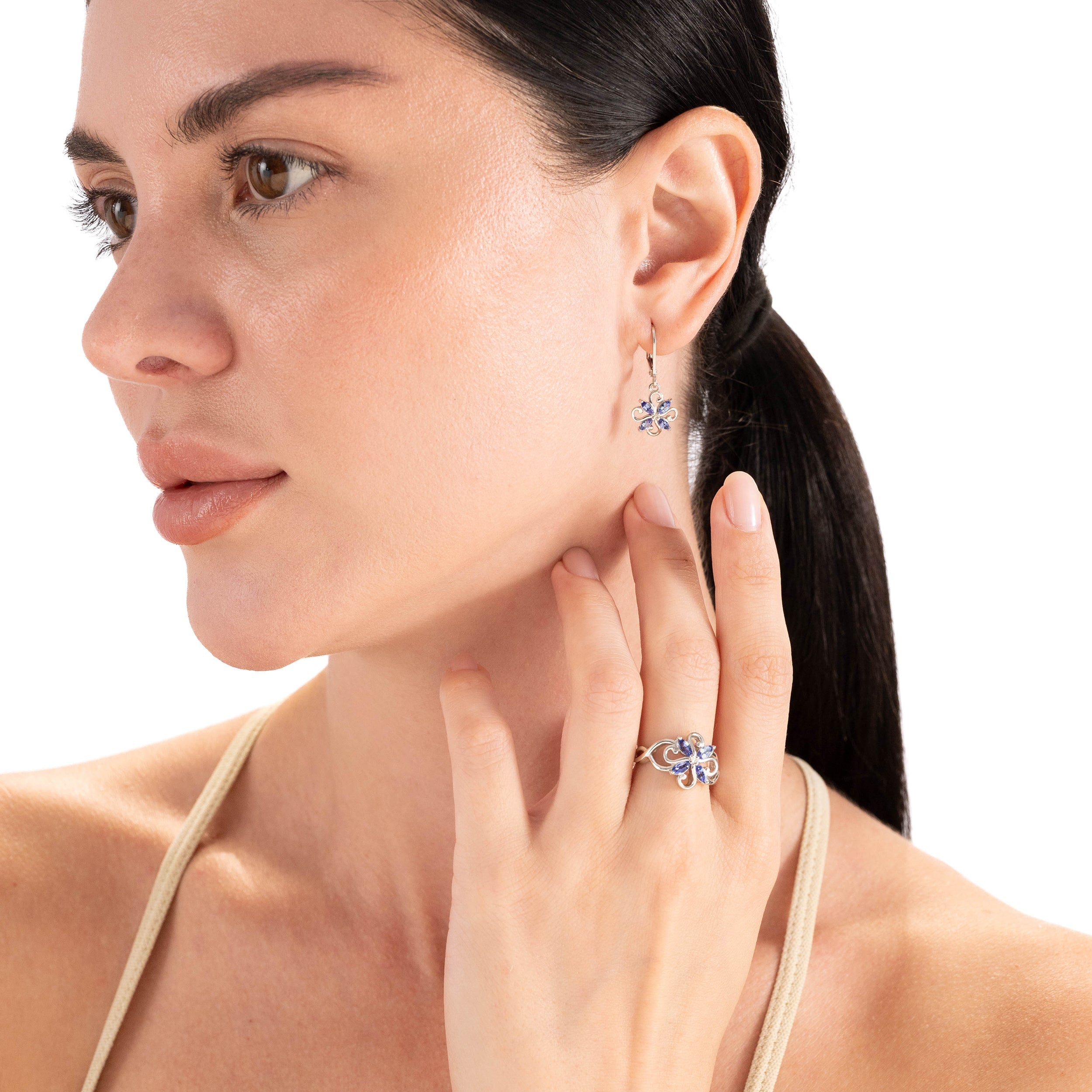 Created Marquise Shape Blue Sapphire White Gold Plated 925 Sterling Silver Flower Victorian Style Leverback Dangle Earrings September Gemstone Birthstone Jewelry for Women - Silvershake-store