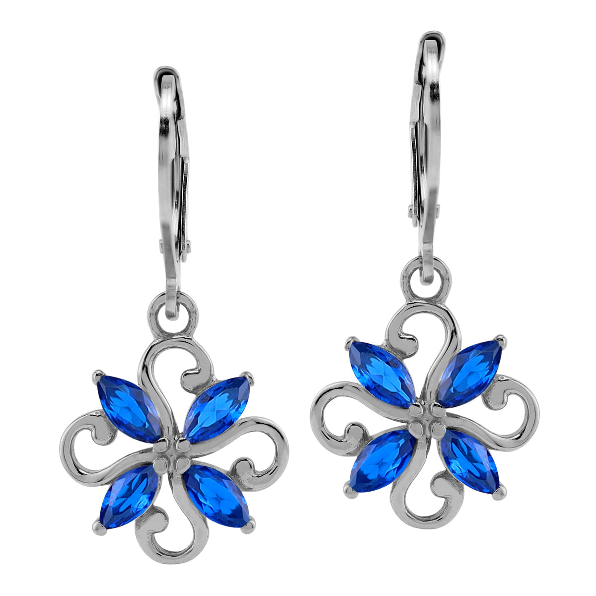 Created Marquise Shape Blue Sapphire White Gold Plated 925 Sterling Silver Flower Victorian Style Leverback Dangle Earrings September Gemstone Birthstone Jewelry for Women - Silvershake-store