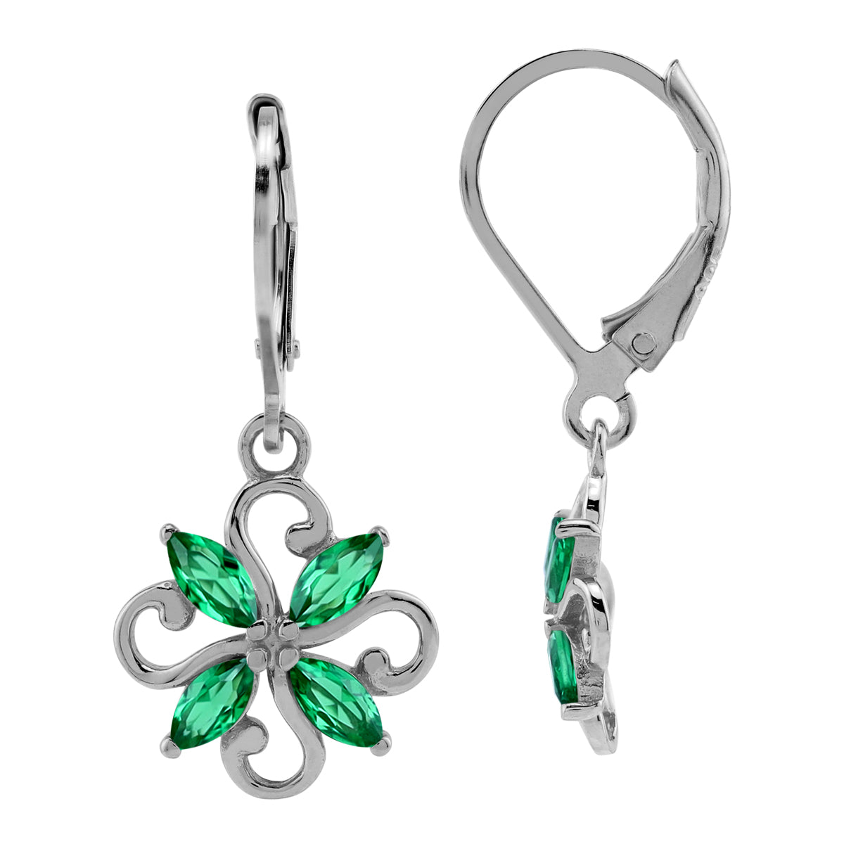 Created Marquise Shape Nano Green Emerald White Gold Plated 925 Sterling Silver Flower Victorian Style Leverback Dangle Earrings May Gemstone Birthstone Jewelry for Women - Silvershake-store