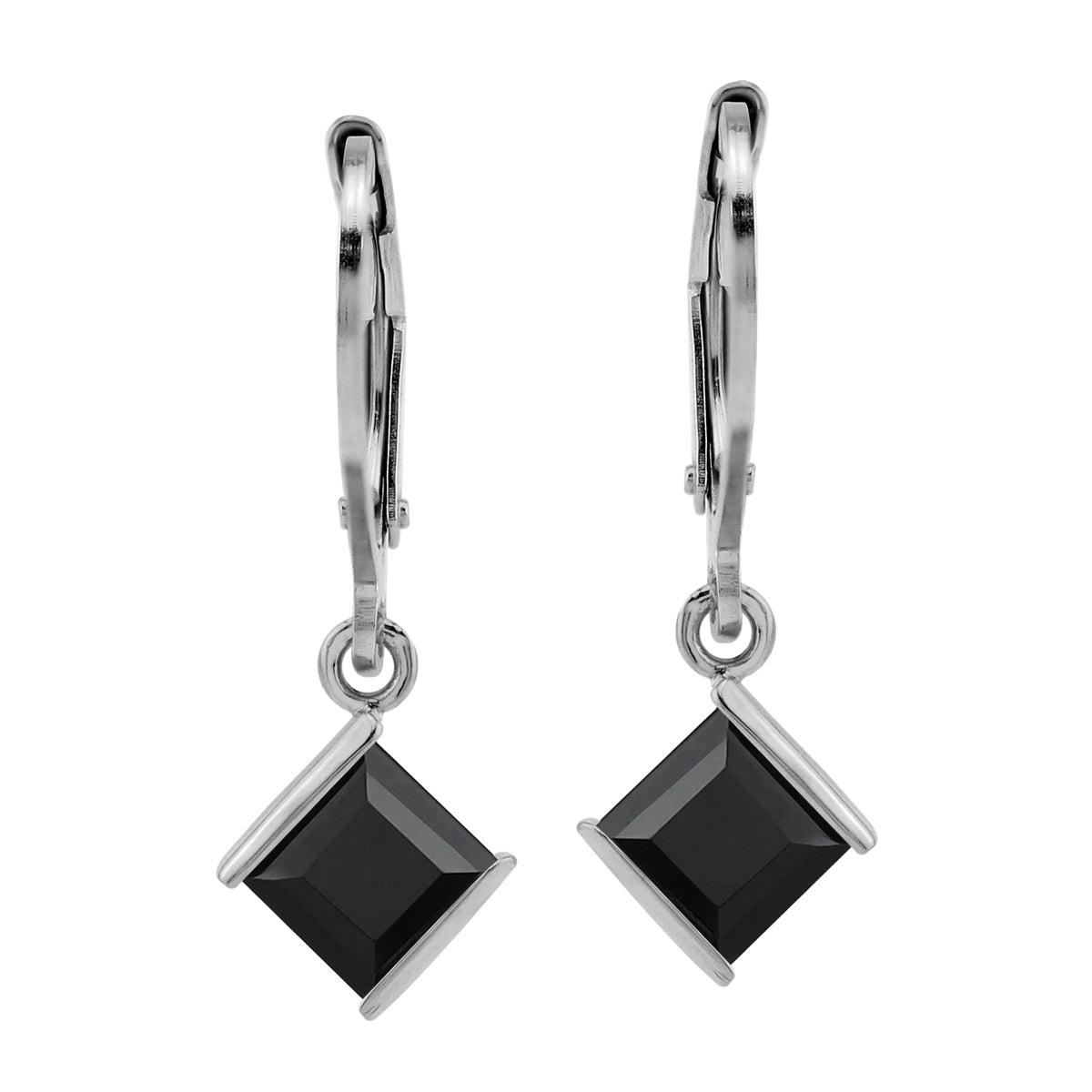 Petite 1.18 CTW 5MM Natural Square Shape Black Onyx White Gold Plated 925 Sterling Silver Leverback Dangle Gemstone Earrings Jewelry for Women - Silvershake-store