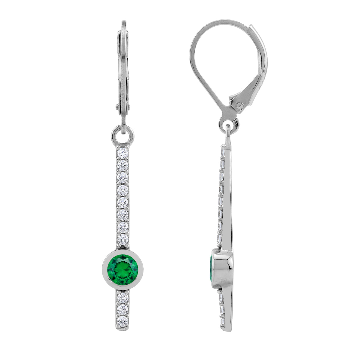 Nano Green Emerald 925 Sterling Silver Minimalist Long Journey Vertical Bar Leverback Earrings silvershake