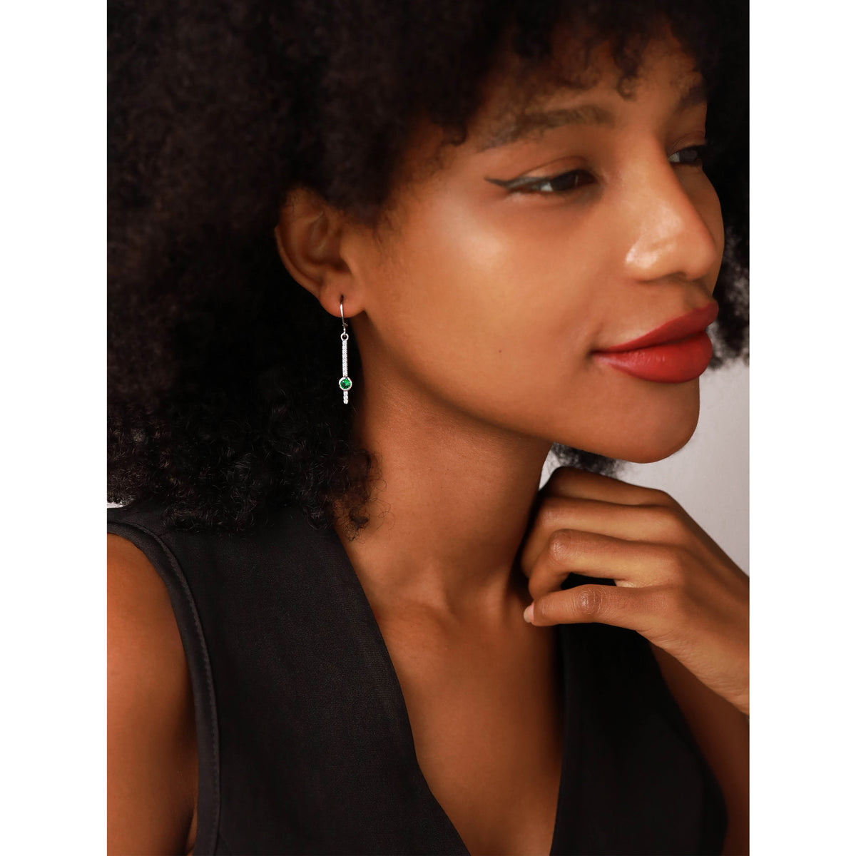 Nano Green Emerald 925 Sterling Silver Minimalist Long Journey Vertical Bar Leverback Earrings silvershake