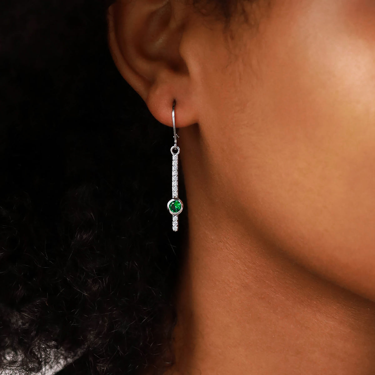 Nano Green Emerald 925 Sterling Silver Minimalist Long Journey Vertical Bar Leverback Earrings silvershake