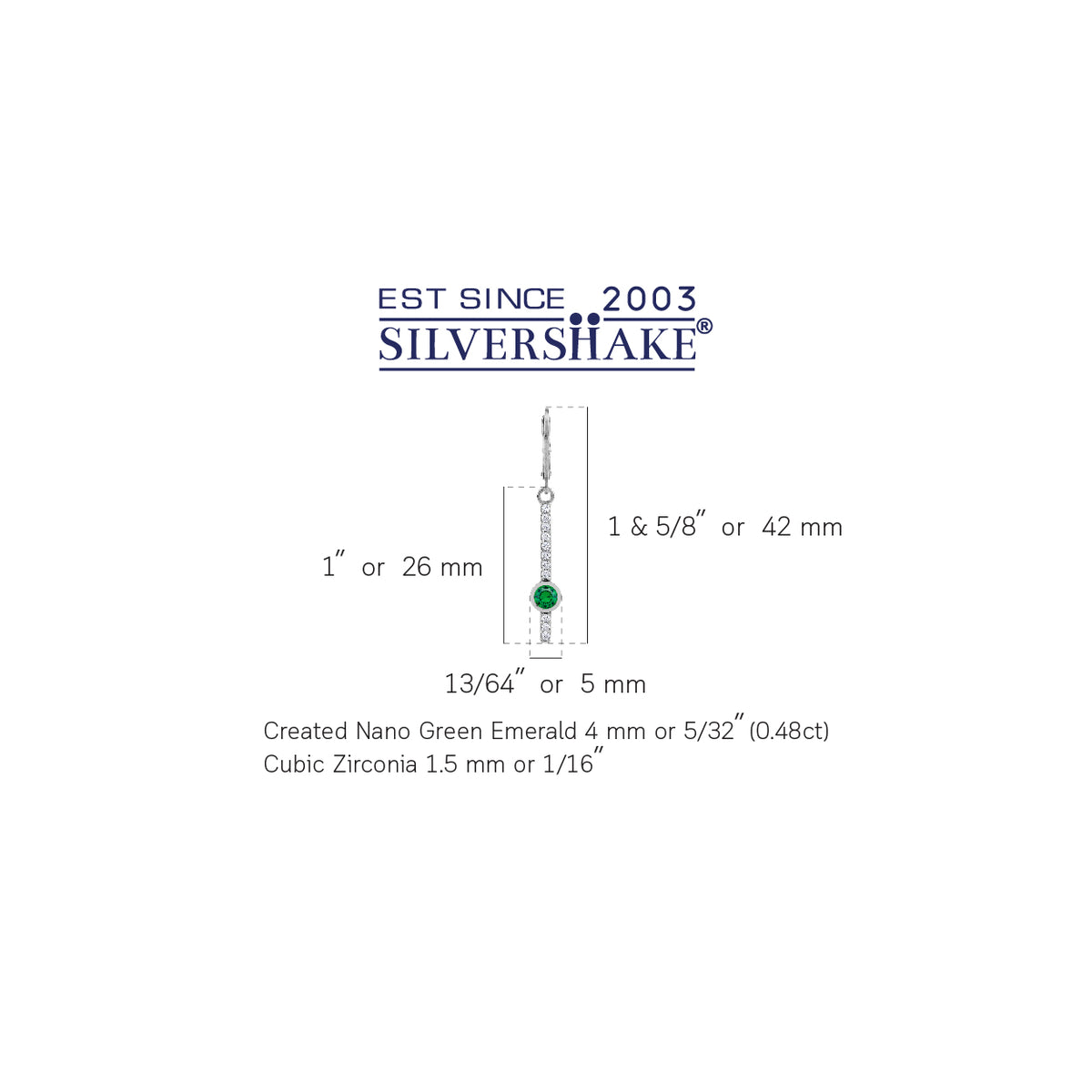 Nano Green Emerald 925 Sterling Silver Minimalist Long Journey Vertical Bar Leverback Earrings silvershake