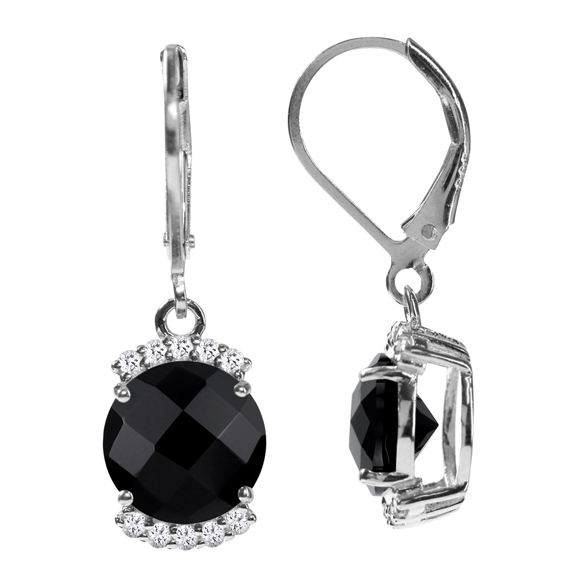 4.76 CTW 9MM Natural Round Shape Black Onyx and Topaz White Gold Plated 925 Sterling Silver Leverback Dangle Gemstone Earrings Jewelry for Women - Silvershake-store