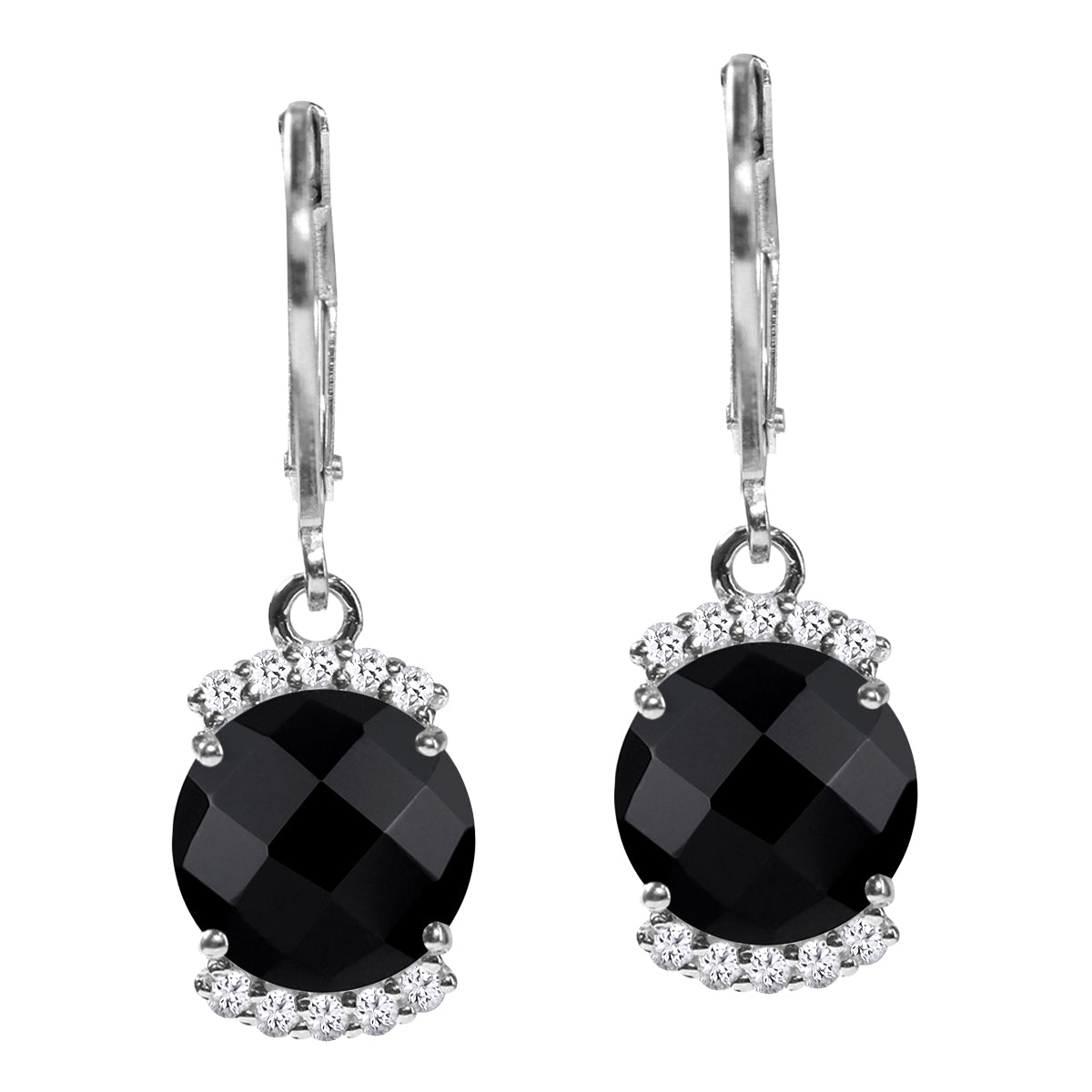 4.76 CTW 9MM Natural Round Shape Black Onyx and Topaz White Gold Plated 925 Sterling Silver Leverback Dangle Gemstone Earrings Jewelry for Women - Silvershake-store