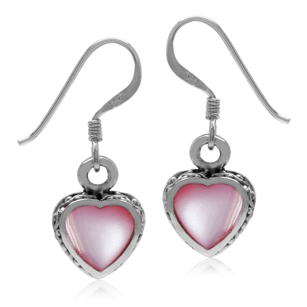 Heart Shape Pink Mother of Pearl 925 Sterling Silver Dangle Hook Earrings - Silvershake-store