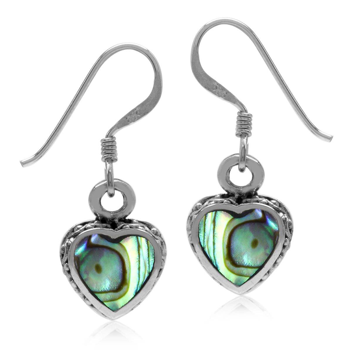 Heart Shape Abalone Paua Shell Inlay 925 Sterling Silver Dangle Hook Earrings - Silvershake-store
