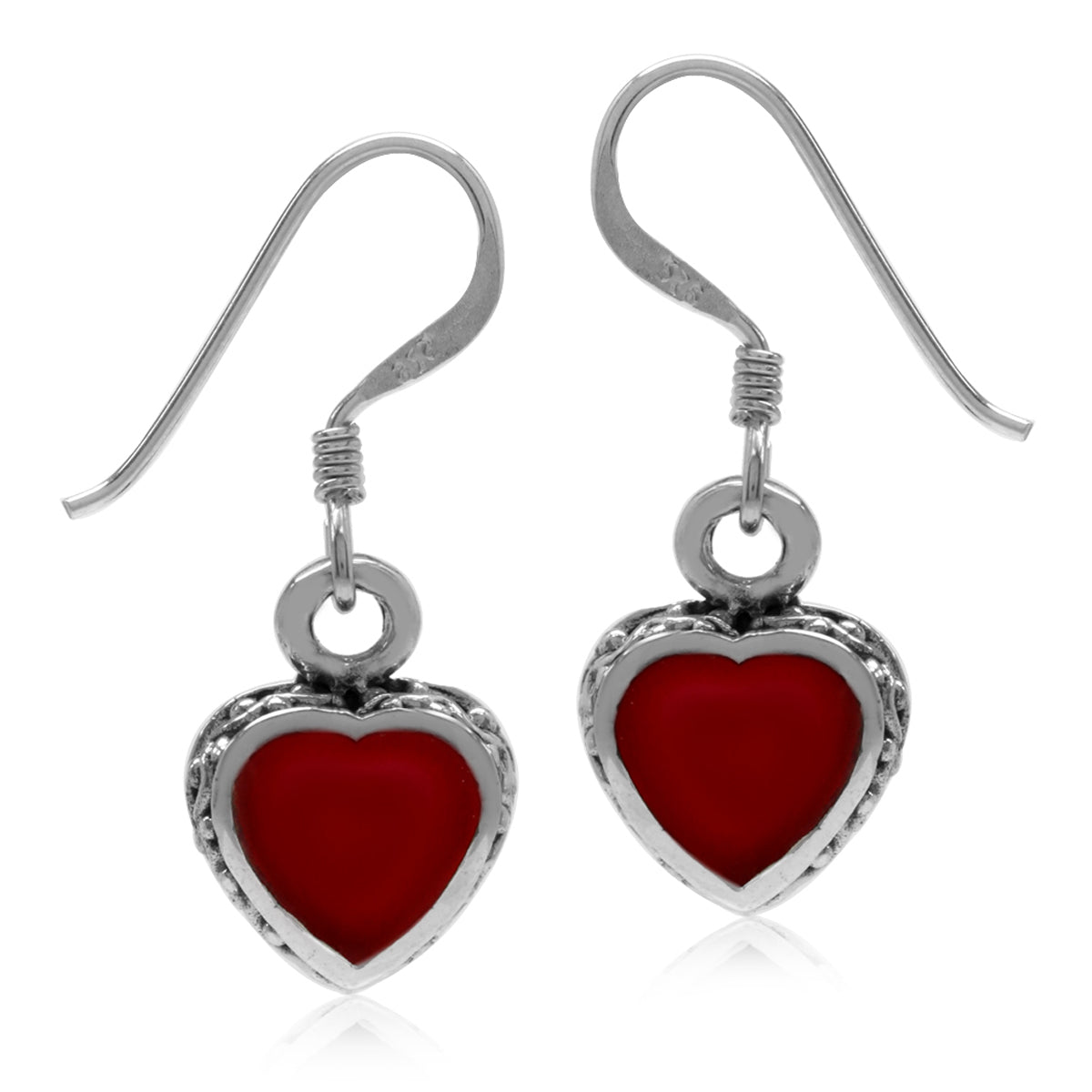 Heart Shape Created Red Coral Inlay 925 Sterling Silver Dangle Hook Earrings - Silvershake-store