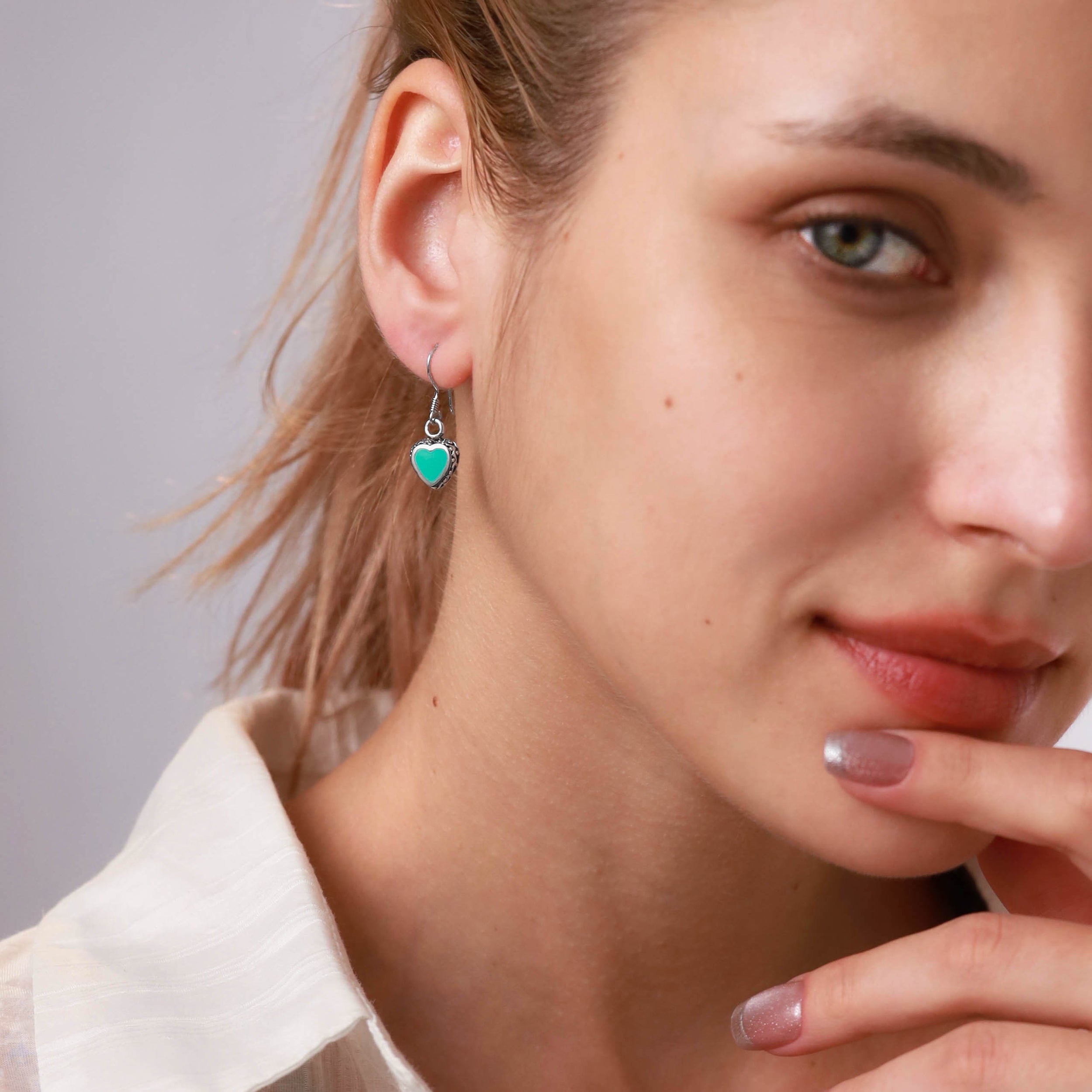 Heart Shape Created Red Coral Inlay 925 Sterling Silver Dangle Hook Earrings - Silvershake-store