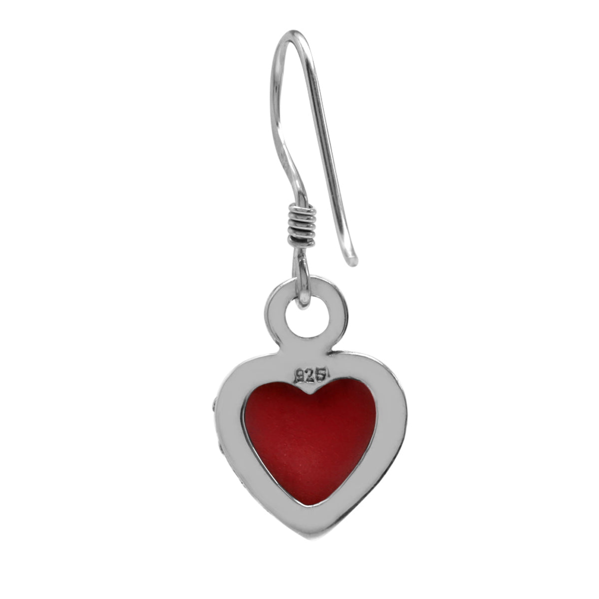 Heart Shape Created Red Coral Inlay 925 Sterling Silver Dangle Hook Earrings - Silvershake-store