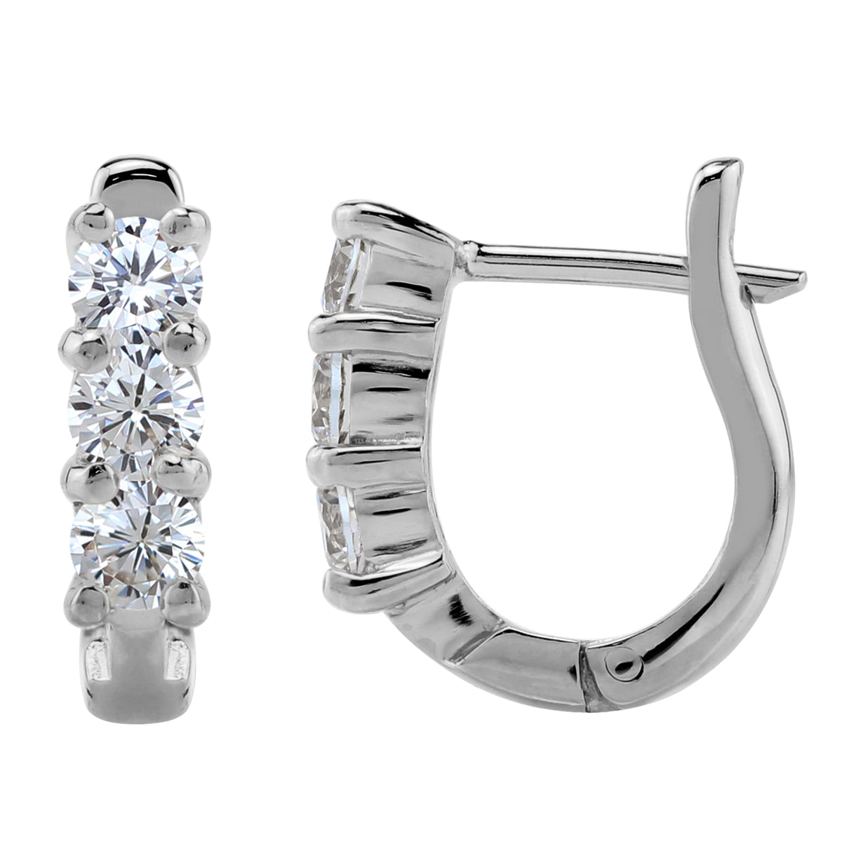 3-Stone 3MM Round Shape White Cubic Zirconia 925 Sterling Silver English Huggie Hoop Earrings April Gemstone Birthstone - Silvershake-store