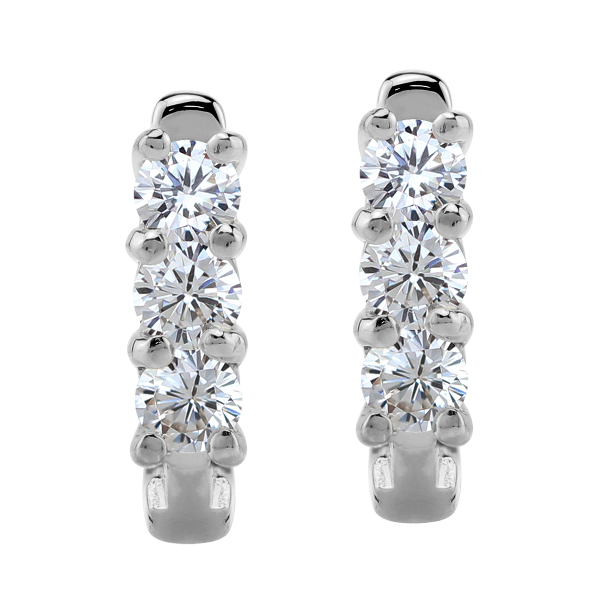 3-Stone 3MM Round Shape White Cubic Zirconia 925 Sterling Silver English Huggie Hoop Earrings April Gemstone Birthstone - Silvershake-store