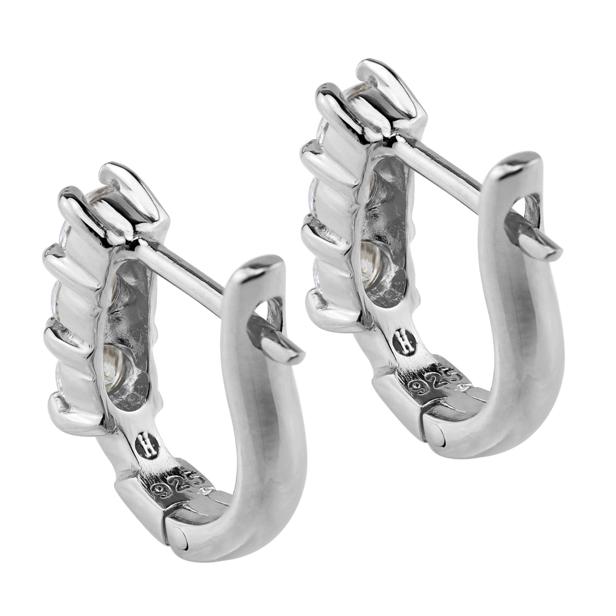 3-Stone 3MM Round Shape White Cubic Zirconia 925 Sterling Silver English Huggie Hoop Earrings April Gemstone Birthstone - Silvershake-store