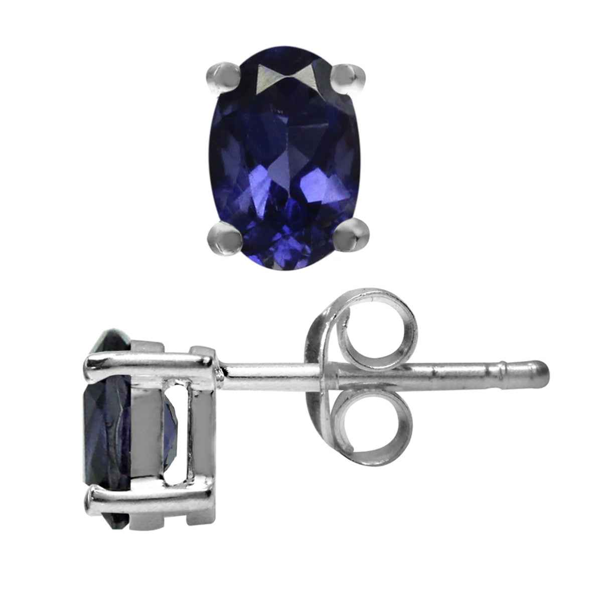 6x4MM Petite Natural Oval Shape Iolite White Gold Plated 925 Sterling Silver Stud Earrings