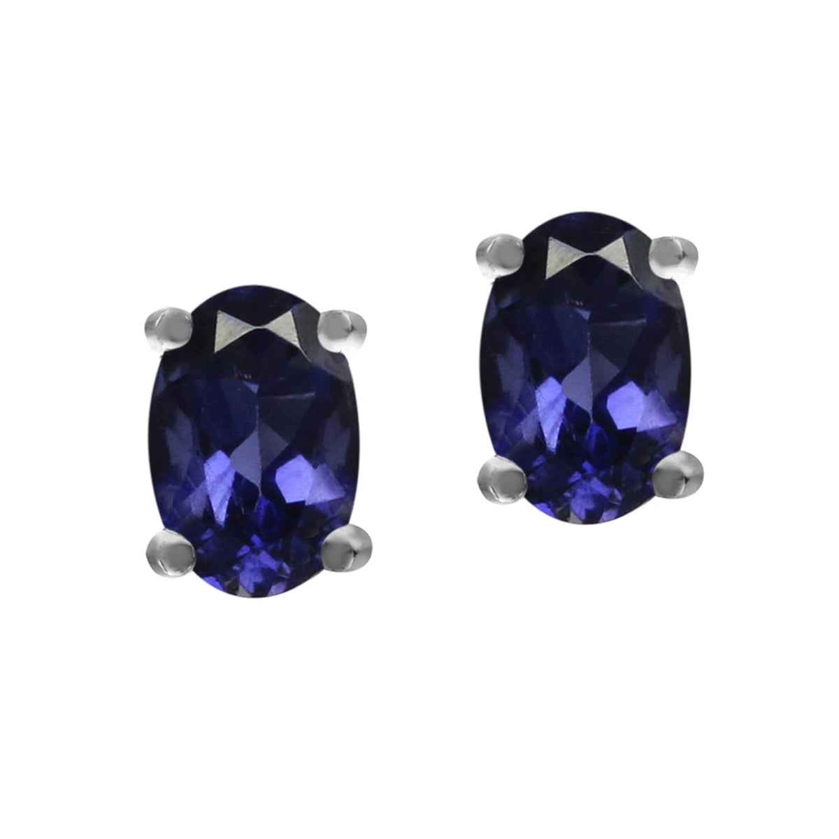 6x4MM Petite Natural Oval Shape Iolite White Gold Plated 925 Sterling Silver Stud Earrings