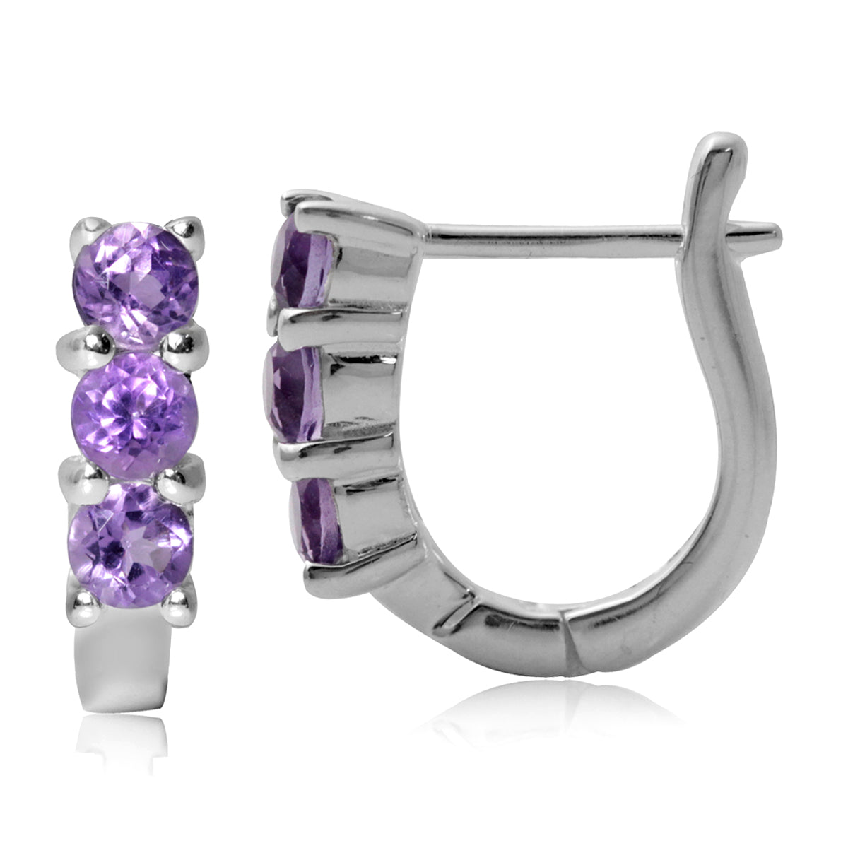 3 Stone Natural Amethyst White Gold Plated 925 Sterling Silver English Hook Earrings - Silvershake-store