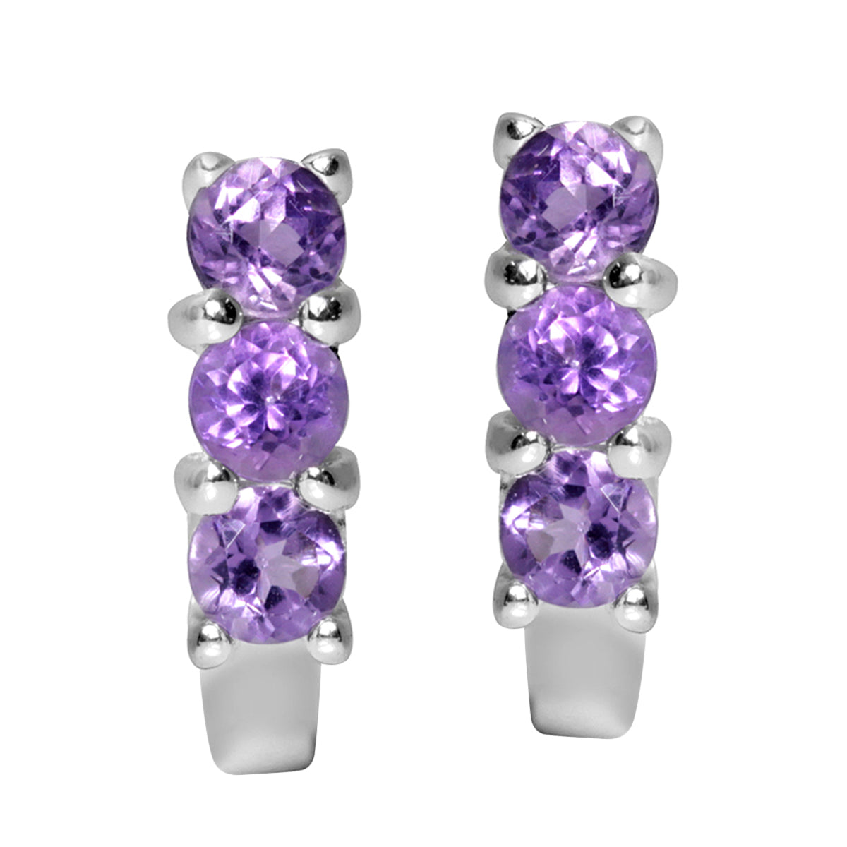 3 Stone Natural Amethyst White Gold Plated 925 Sterling Silver English Hook Earrings - Silvershake-store