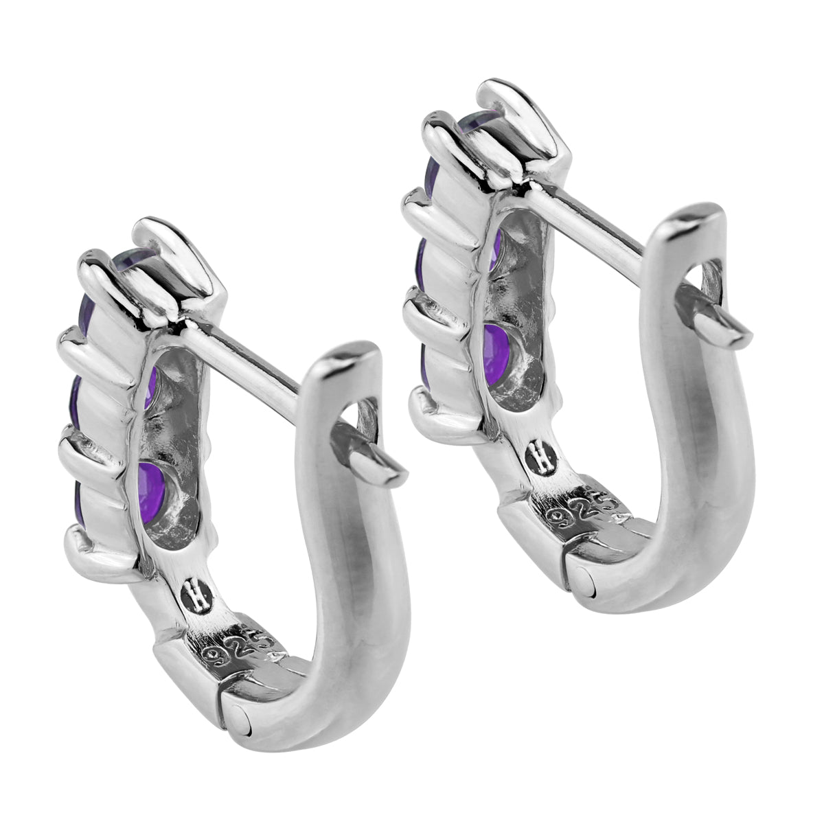 3 Stone Natural Amethyst White Gold Plated 925 Sterling Silver English Hook Earrings - Silvershake-store