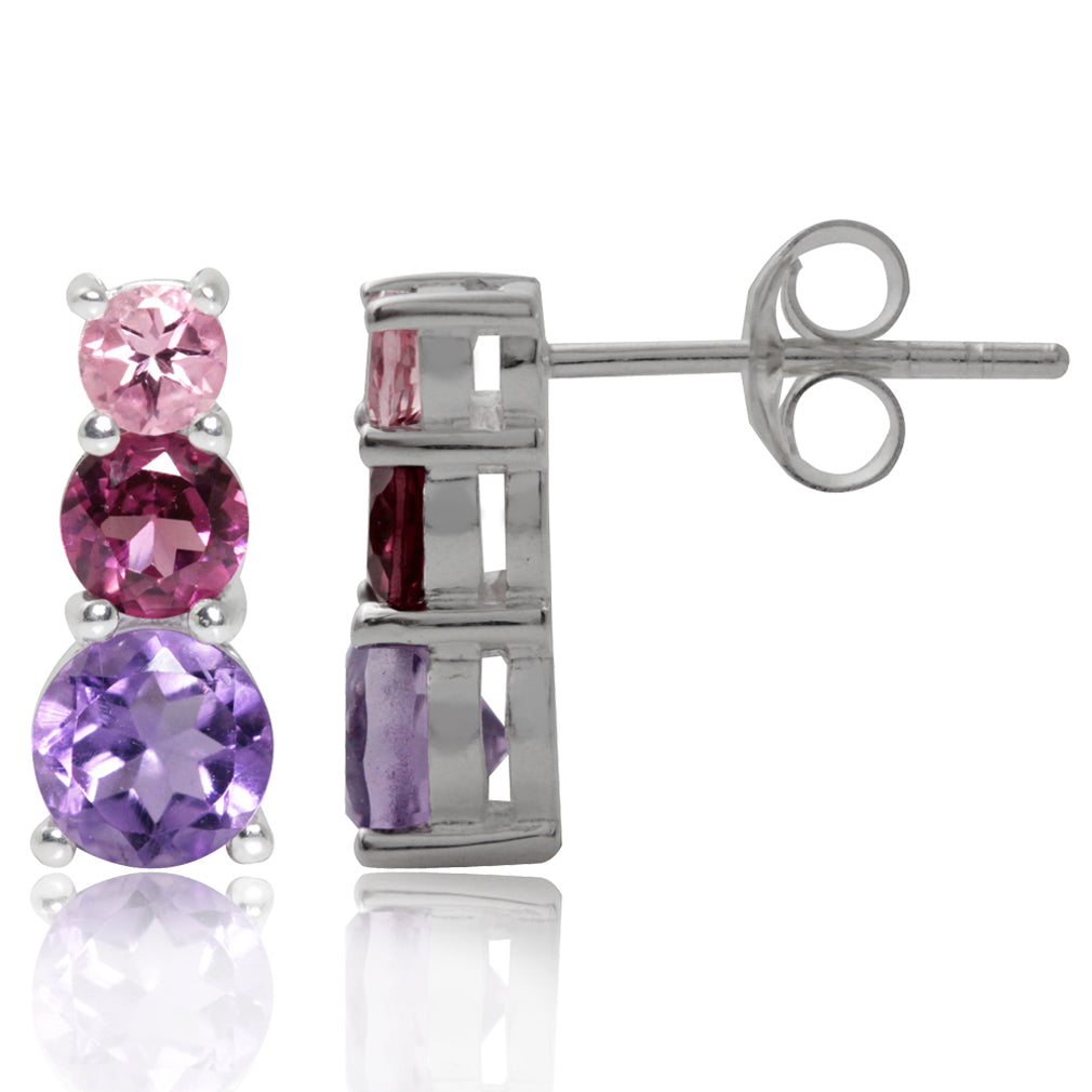 3 Stone Natural Amethyst Rhodolite Garnet and Pink Tourmaline 925 Sterling Silver Post Earrings - Silvershake-store
