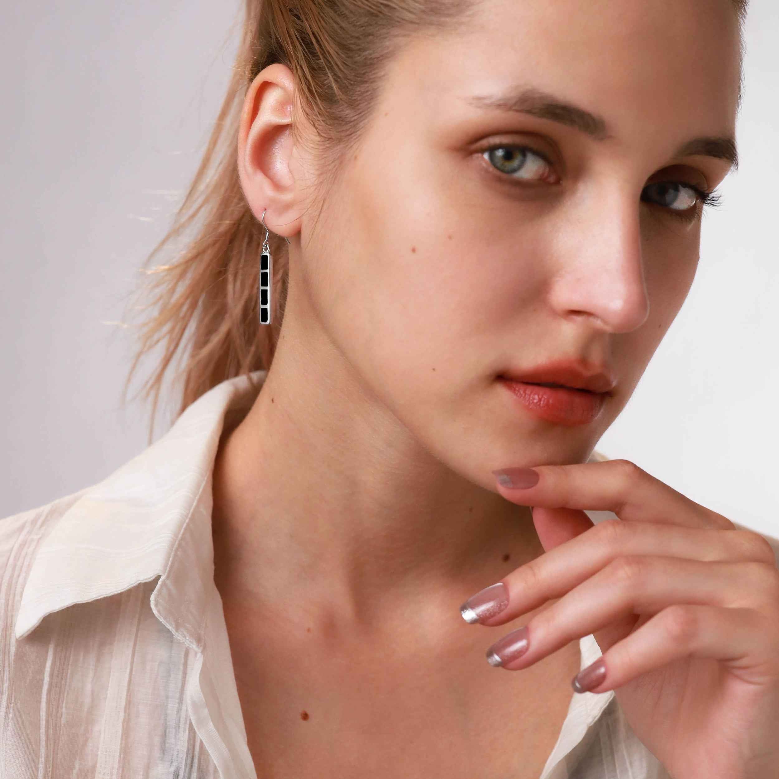 White Mother of Pearl and Created Black Onyx Inlay 925 Sterling Silver Long Stick Dangle Hook Earrings - Silvershake-store